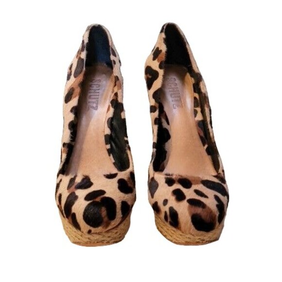 Schutz Platform Heel Pumps Women Sz 9B Calf‎ Hair Leopard Print Espadrille Work - Picture 3 of 8